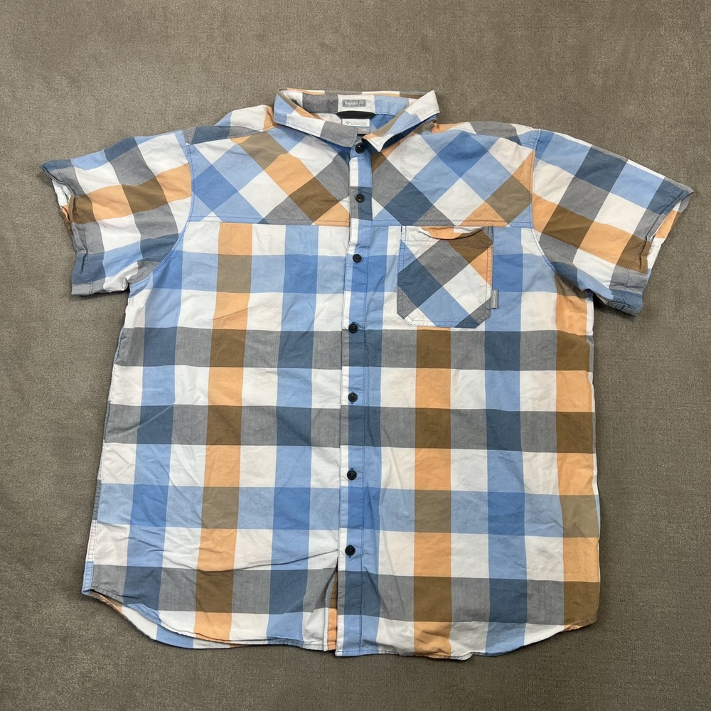 Columbia Shirt Mens XXL Short Sleeve Plaid Button Up Blue Orange Cotton Reg Fit